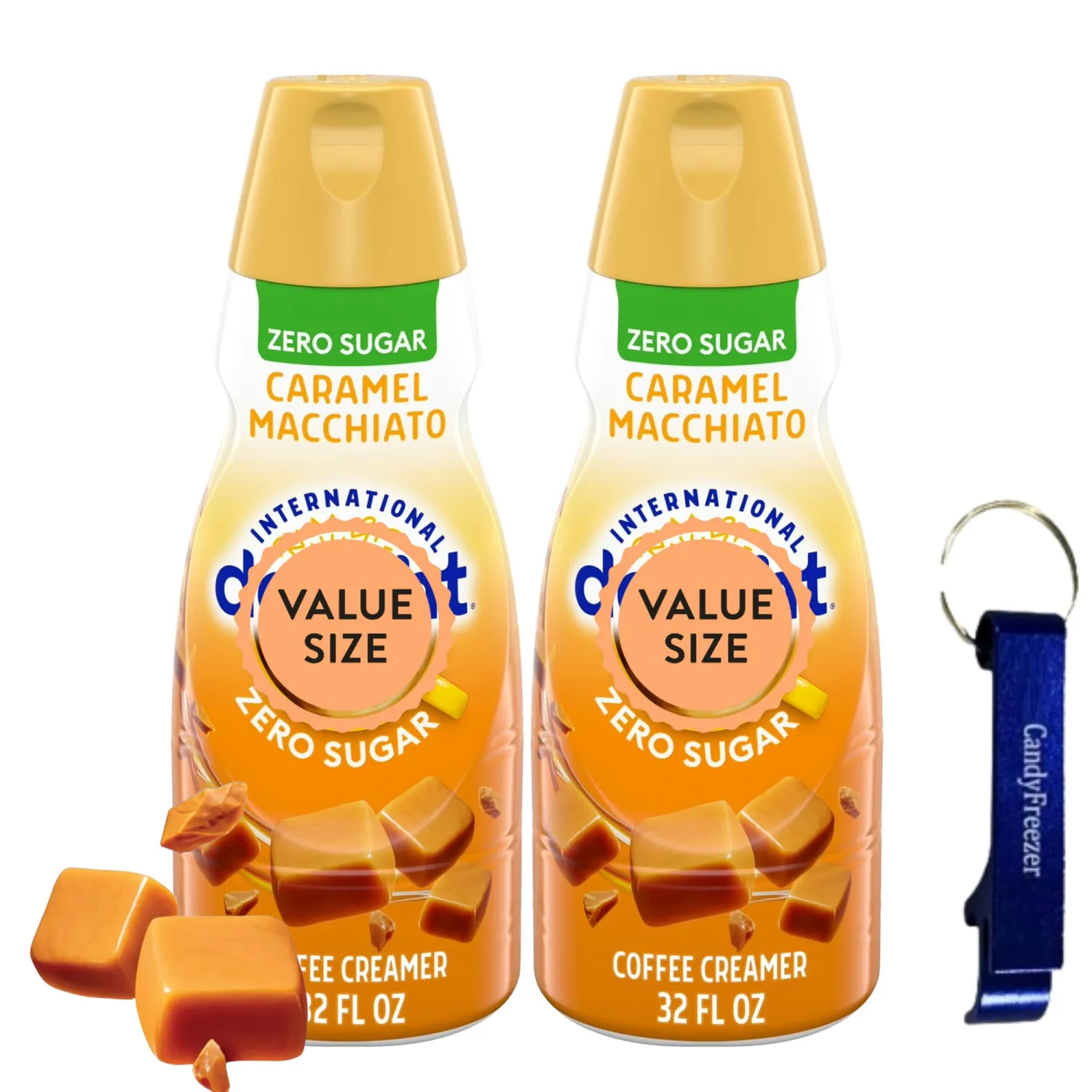 Zero Sugar Caramel Macchiato Liquid Coffee Creamer - Pack of Two (2) 32 fl oz Bottles of Creamy Smooth Delightful Coffee Creamer with Candy Freezer Bottle Opener Keychain (Zero Sugar Caramel Macchiato) Keychain