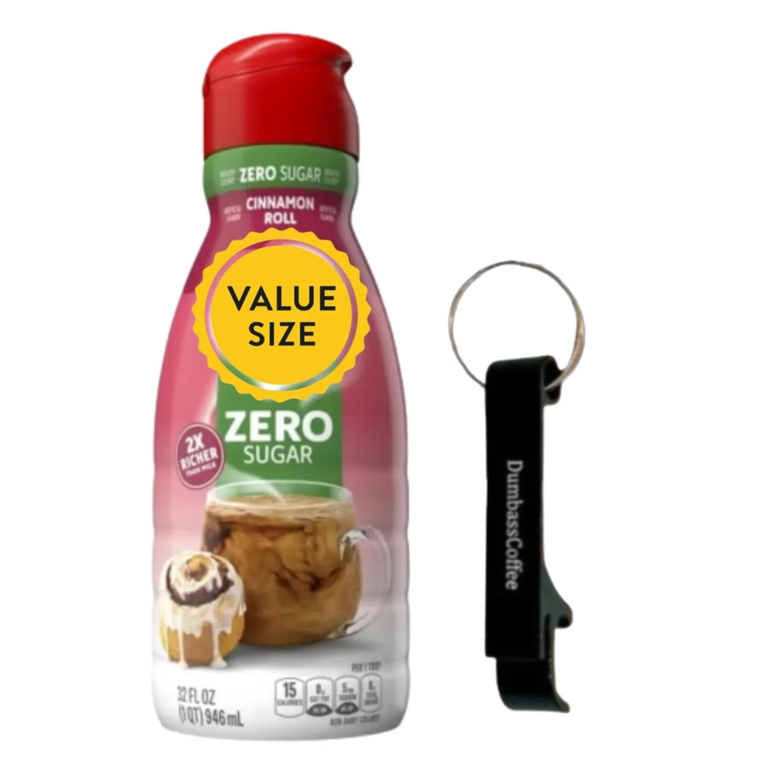 Premium Liquid Coffee Creamer, 32 fl oz Liquid Non-Dairy Creamer for Coffee with Dumbass Coffee Bottle Opener Keychain (Zero Sugar Cinnamon Roll) Keychain