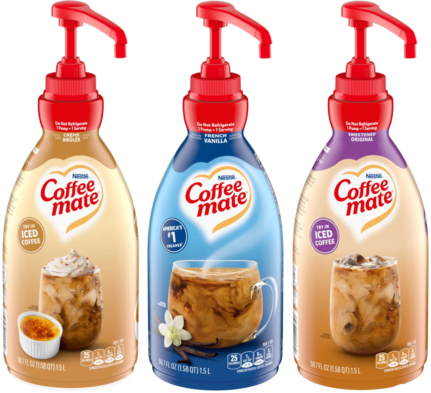 Nestlé Coffee mate Liquid Concentrate 1.5 Liter Pump Bottles, 3 Flavors: Crème Brûlée, French Vanilla, and Sweetened Original (Pack of 3)