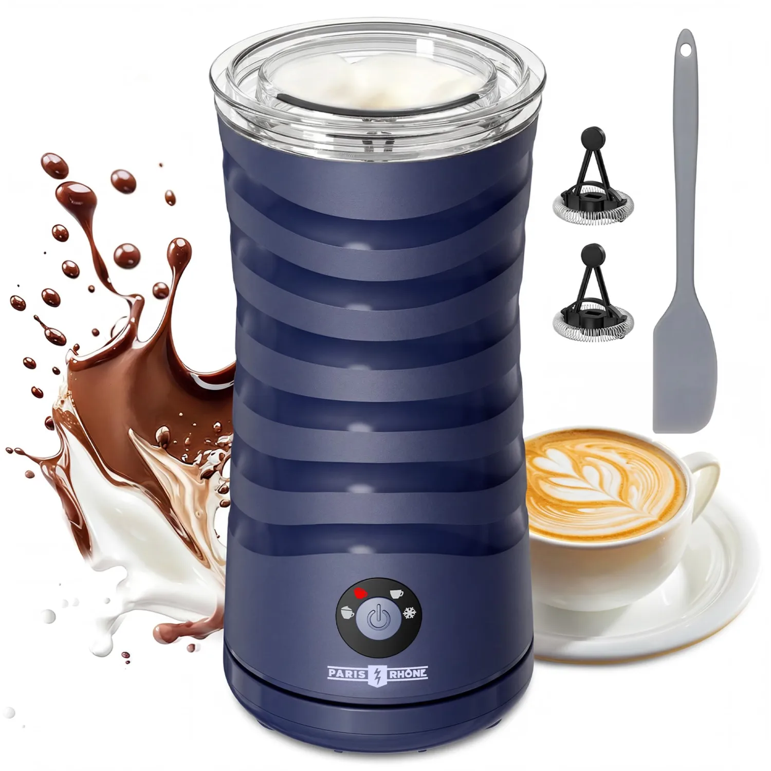 Milk Frother, Paris Rhône 4-in-1 Milk Steamer and Frother, Hot & Cold Foam Milk Warmer with Temperature Control, Auto Shut-Off Frothers for Coffee, Latte, Cappuccino, Macchiato, Blue