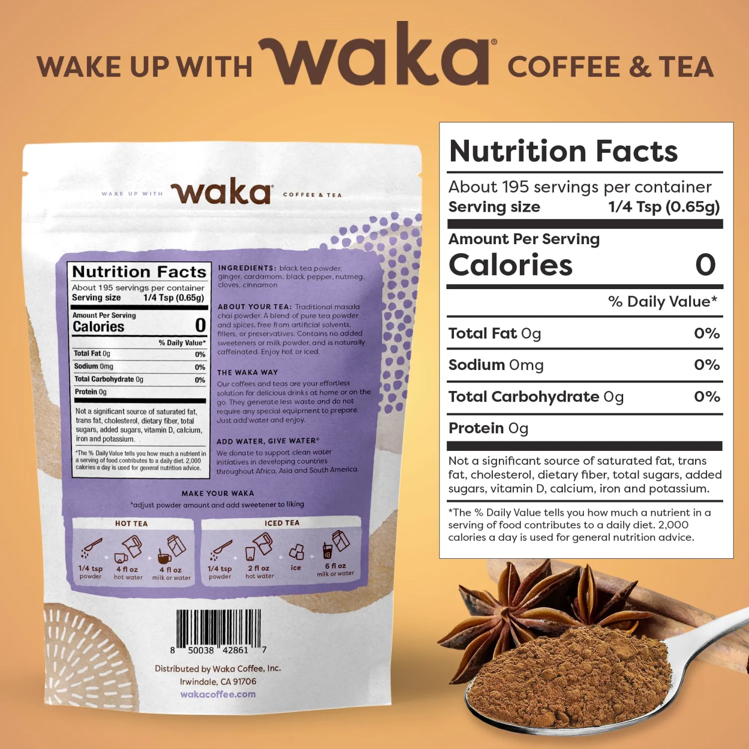 Waka Traditional Chai Tea Powder Mix - Chai Tea Concentrate Sugar Free, Pure Leaves from India, Natural Spices, Unsweetened, No Additives (4.5oz Pouch, 195 Servings)