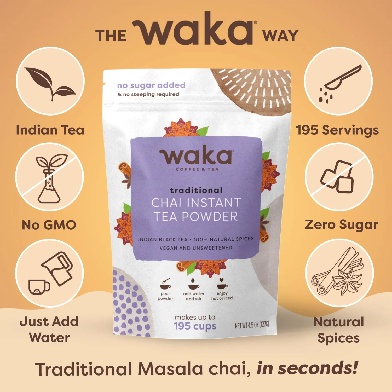 Waka Traditional Chai Tea Powder Mix - Chai Tea Concentrate Sugar Free, Pure Leaves from India, Natural Spices, Unsweetened, No Additives (4.5oz Pouch, 195 Servings)