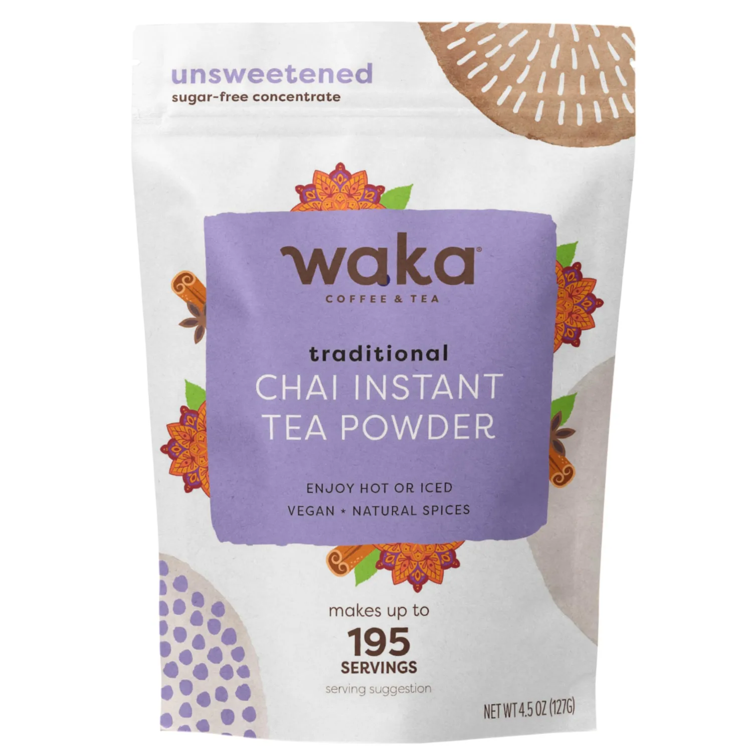 Waka Traditional Chai Tea Powder Mix - Chai Tea Concentrate Sugar Free, Pure Leaves from India, Natural Spices, Unsweetened, No Additives (4.5oz Pouch, 195 Servings)