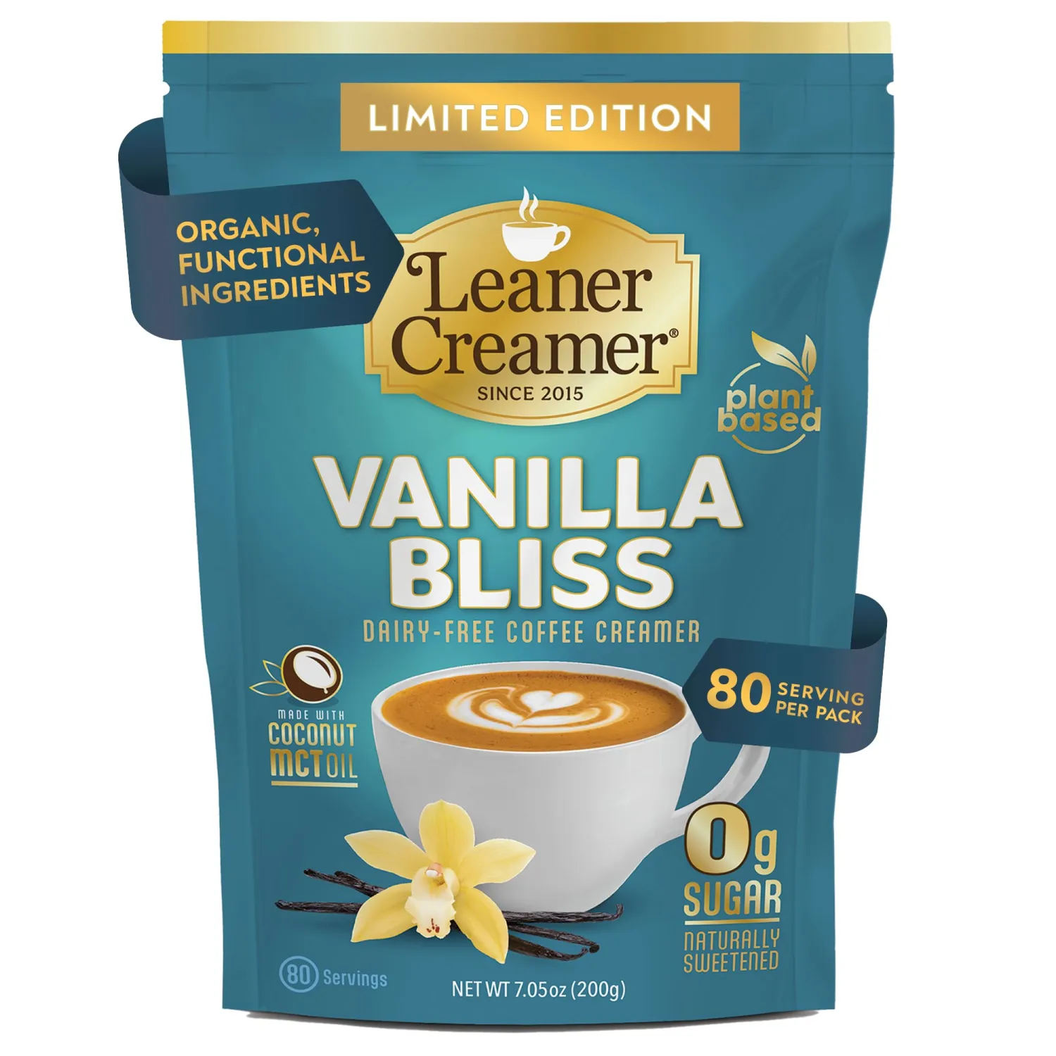 Leaner Creamer Plant-Based Coffee Creamer with MCT Oil, 0g Sugar, Keto Friendly, Dairy-Free Coconut Creamer Powder, Vegan Coffee Creamer, 80 Servings