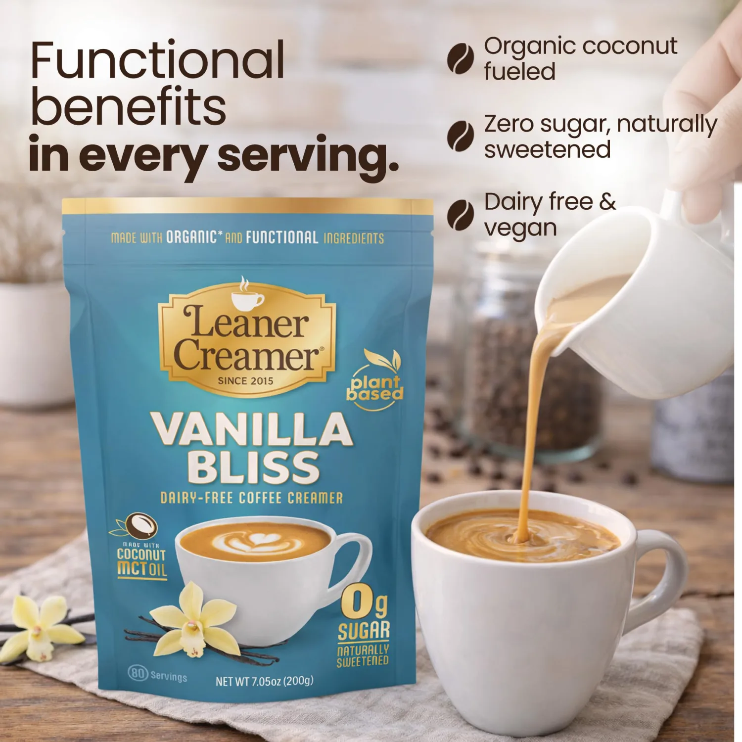 Leaner Creamer Plant-Based Coffee Creamer with MCT Oil, 0g Sugar, Keto Friendly, Dairy-Free Coconut Creamer Powder, Vegan Coffee Creamer, 80 Servings