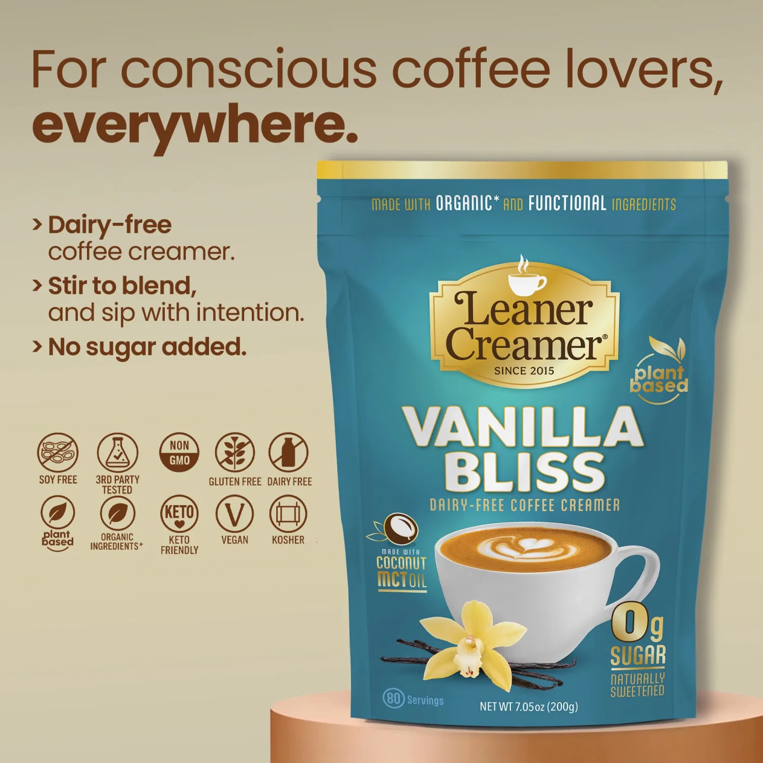 Leaner Creamer Plant-Based Coffee Creamer with MCT Oil, 0g Sugar, Keto Friendly, Dairy-Free Coconut Creamer Powder, Vegan Coffee Creamer, 80 Servings