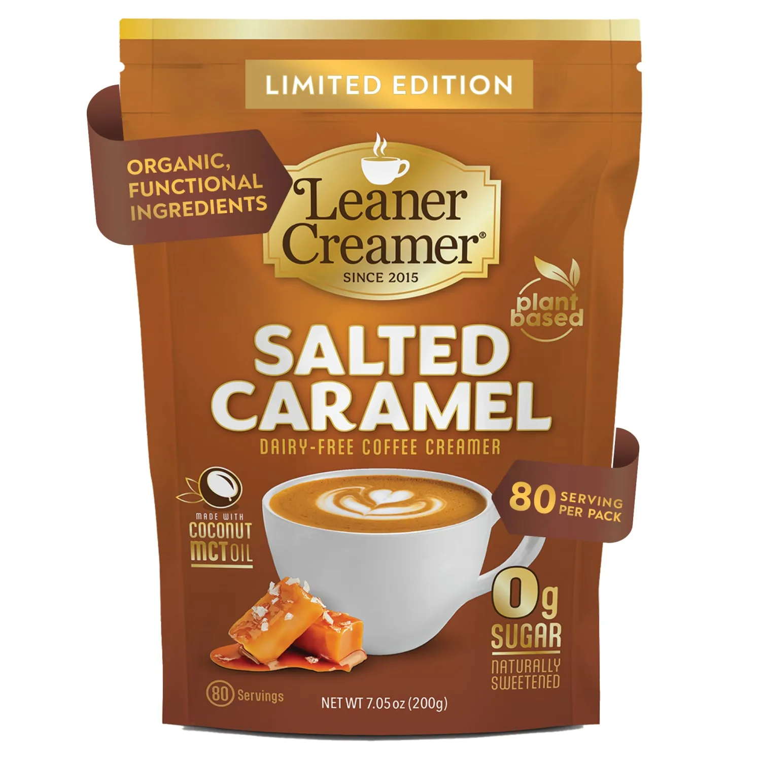 Leaner Creamer Plant-Based Coffee Creamer with MCT Oil, 0g Sugar, Keto Friendly, Dairy-Free Coconut Creamer Powder, Vegan Coffee Creamer, 80 Servings