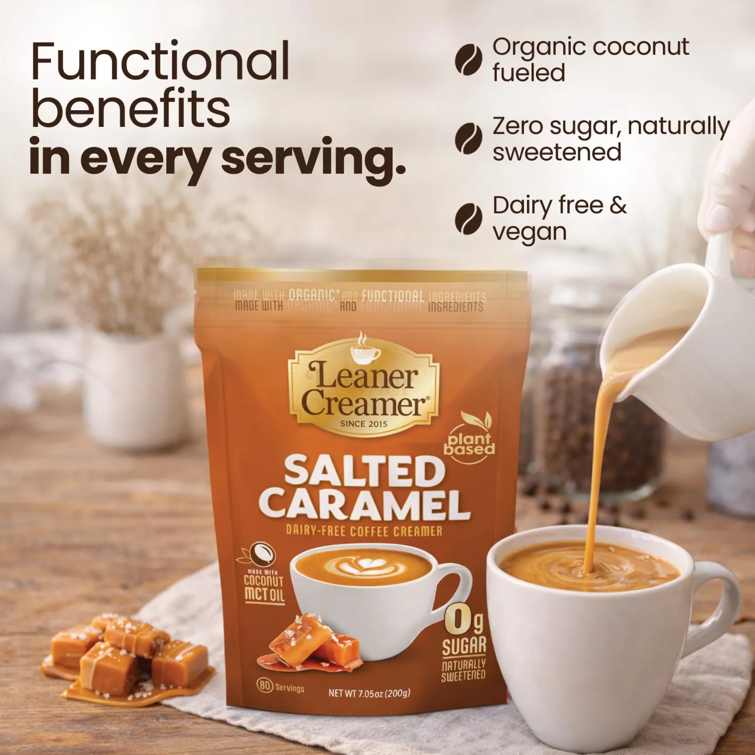 Leaner Creamer Plant-Based Coffee Creamer with MCT Oil, 0g Sugar, Keto Friendly, Dairy-Free Coconut Creamer Powder, Vegan Coffee Creamer, 80 Servings