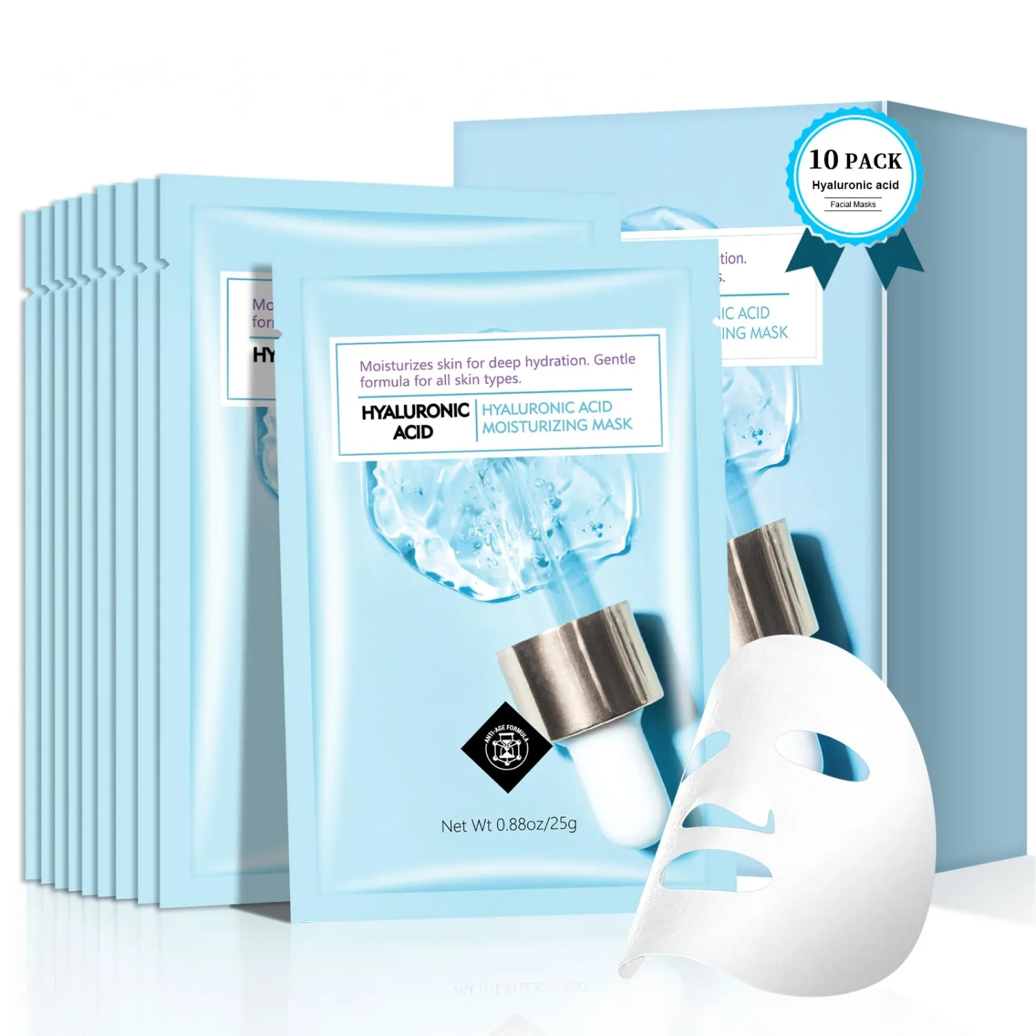 Hyaluronic Acid Mask, Hydrating Face Mask (10 sheets) for Skin Deep Hydration, Dewy Glow and Firm Looking Skin