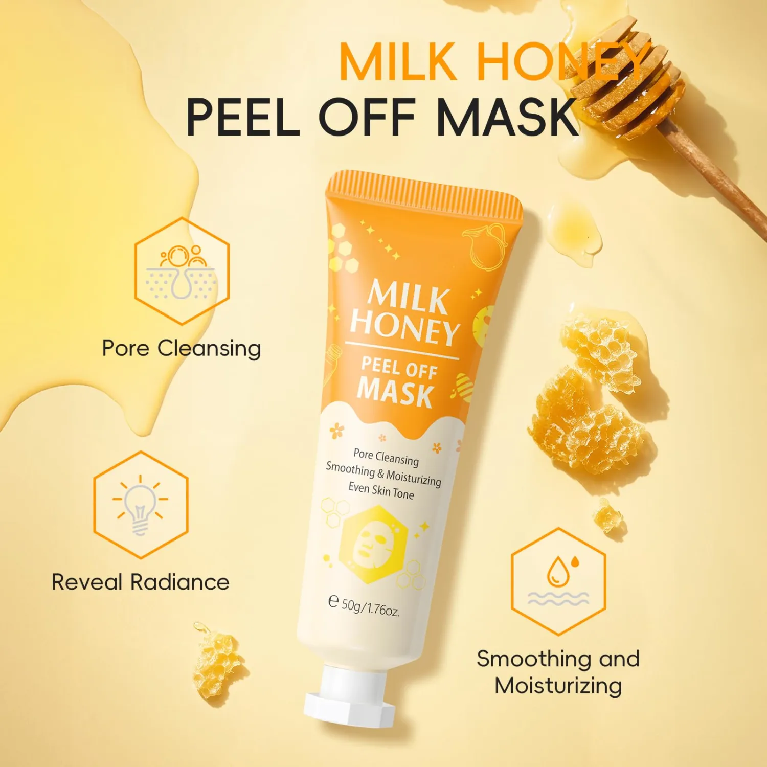 Milk Honey Facial Peel off Mask, Hyaluronic Acid, Gently Exfoliating & Cleansing, Smoothing, Moisturizing, Even Skin Tone and Minimizes Pores, Pores & Oil Control for All Skin Types, 1.76oz