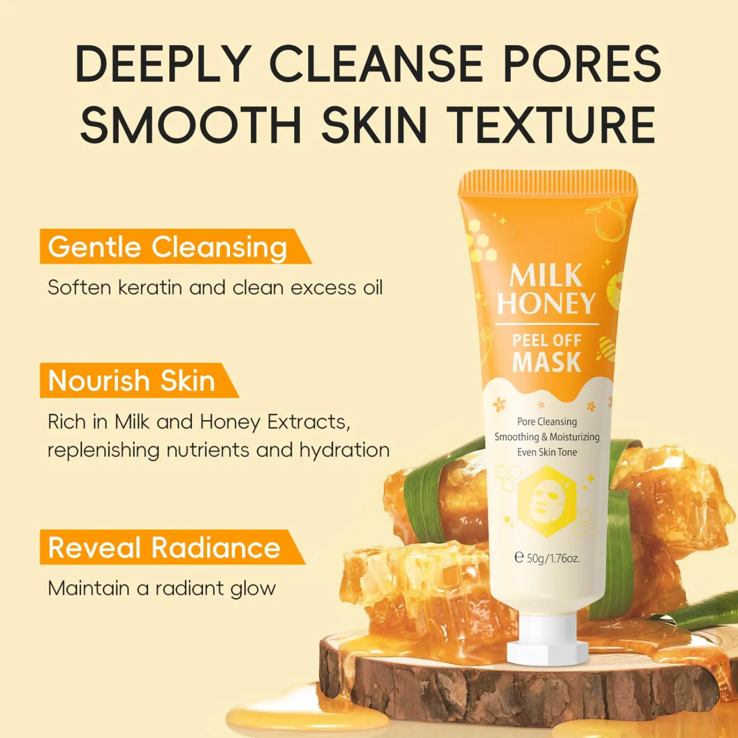 Milk Honey Facial Peel off Mask, Hyaluronic Acid, Gently Exfoliating & Cleansing, Smoothing, Moisturizing, Even Skin Tone and Minimizes Pores, Pores & Oil Control for All Skin Types, 1.76oz
