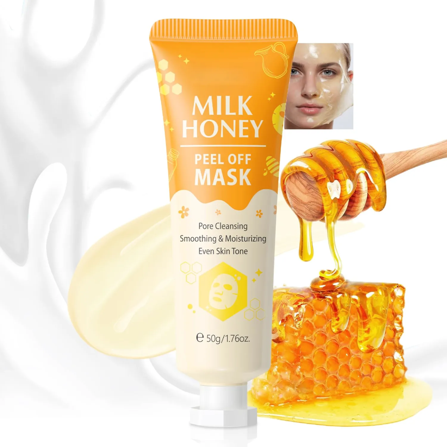 Milk Honey Facial Peel off Mask, Hyaluronic Acid, Gently Exfoliating & Cleansing, Smoothing, Moisturizing, Even Skin Tone and Minimizes Pores, Pores & Oil Control for All Skin Types, 1.76oz