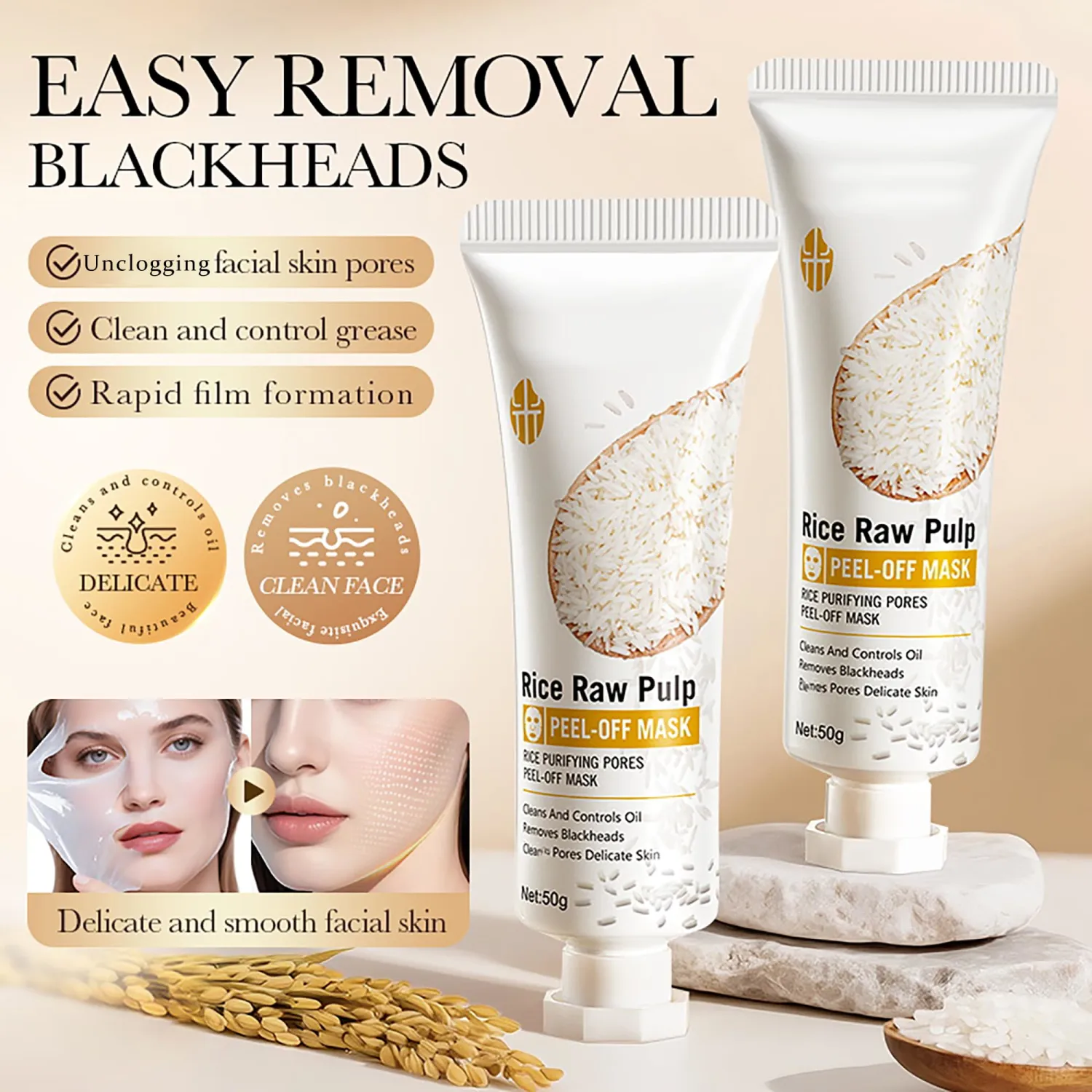 Rice Raw Pulp Peel-Off Facial Mask, Moisturizing, Clean & Control Oil, Gently Remove Blackheads Tear-Off Peel off Lifting Face Mask, Deep Nourishment & Pore Tightening for All Skin Types