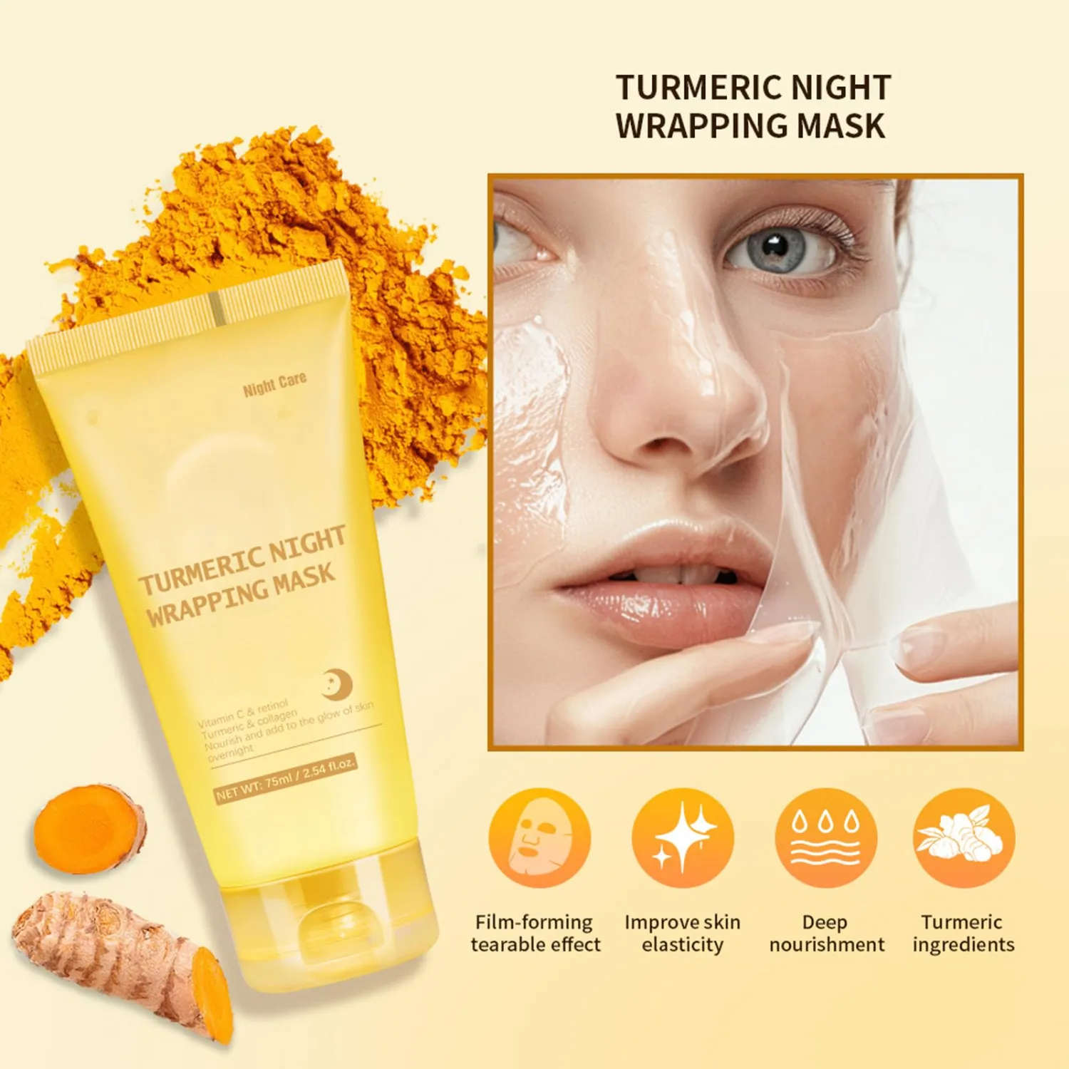 Turmeric Peel Off Face Mask, Wrapping Moisturizing Water Face Mask, Quickly Absorbed Non-Sticky Supplement Nutrition Improving Skin Elasticity Nourishes Firming Smooth for Daily Skin Care