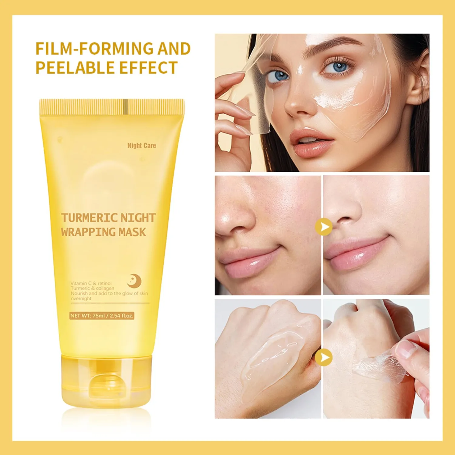Turmeric Peel Off Face Mask, Wrapping Moisturizing Water Face Mask, Quickly Absorbed Non-Sticky Supplement Nutrition Improving Skin Elasticity Nourishes Firming Smooth for Daily Skin Care