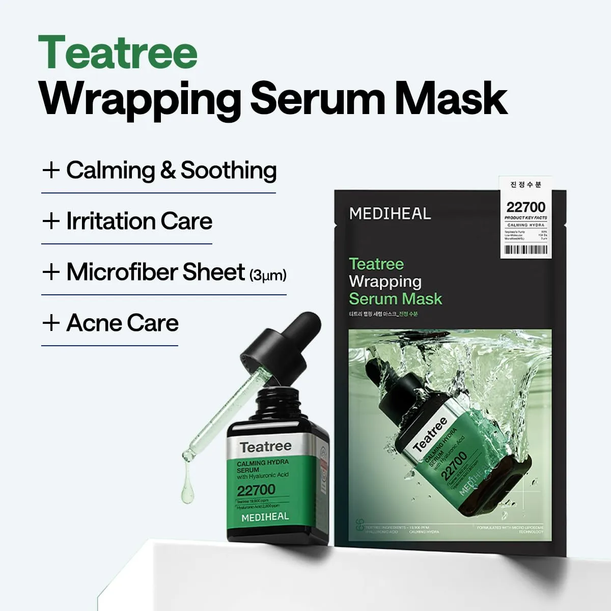 MEDIHEAL Wrapping Serum Mask [Teatree] Calming Hydra – 99% Pure Teatree & Terpineol for Acne-Prone Skin – Helps Calm Redness & Control Excess Oil – Improves Overall Skin Clarity (10 Sheets)