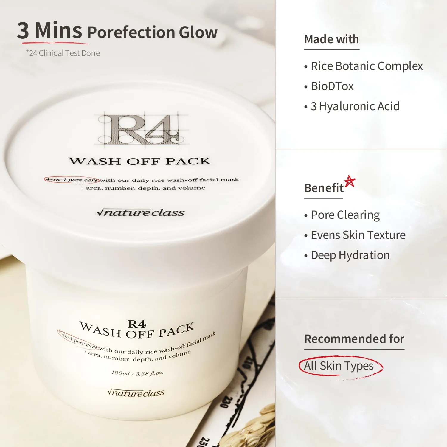R4 Rice Wash Off Facial Mask – 4-in-1 Korean Skin Care, Pore Refining, Gentle Exfoliating, Hydrating, Smooth Texture, Rice Ferment & Enzyme, Soft Cream Wash-Off, 3.38 fl oz