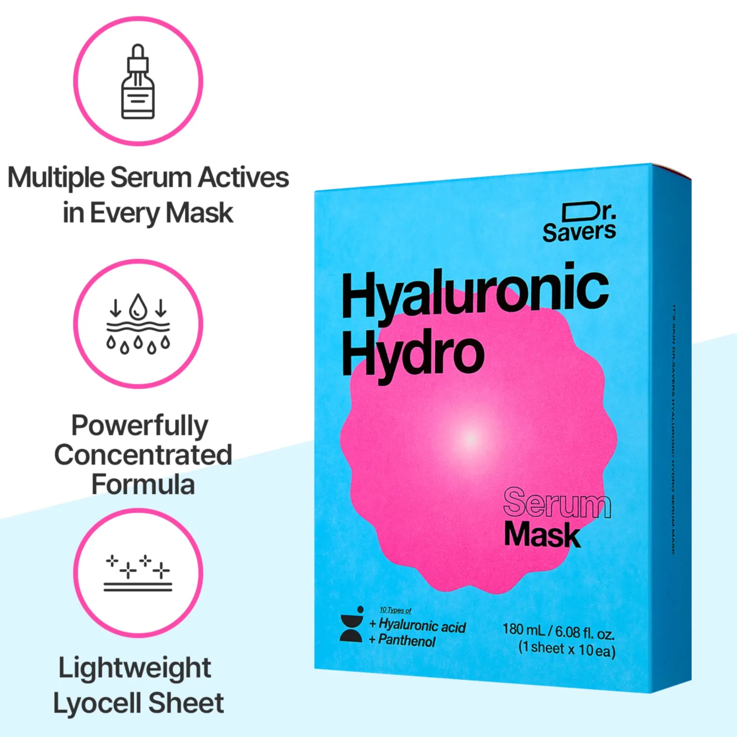 Dr. Savers Hyaluronic Acid Face Serum Mask, 0.60 Fl Oz, Deep Hydrating & Repair Skin Barrier with Panthenol, Lightweight, Non-Sticky, Moisturizing Dewy Skin, Personalized Korean Skincare, 10 Sheets