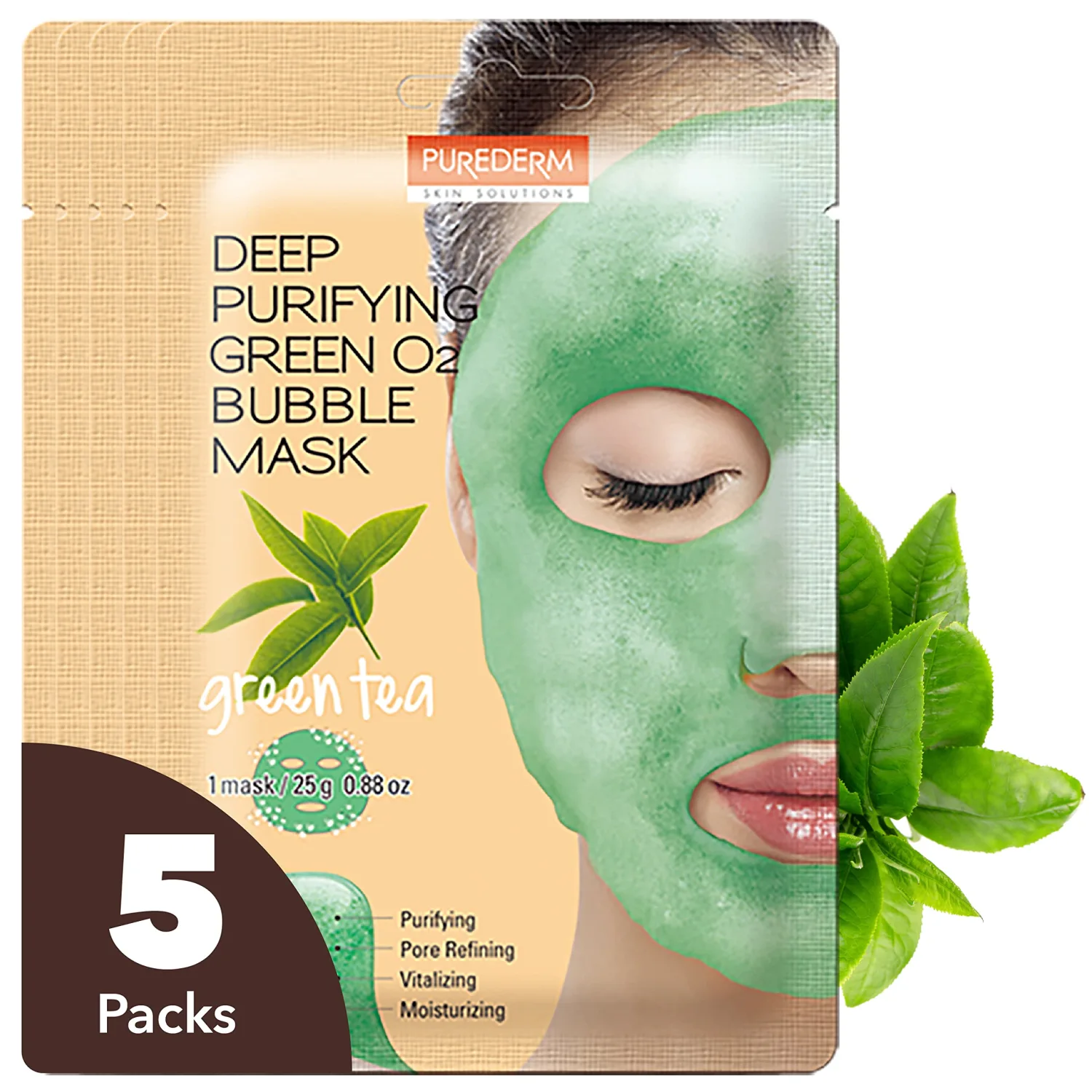 Purederm Green Tea Bubble Face Mask, Deep Cleansing for Hydration Boost and Daily Soothing, Korean Skincare for Sensitive Skin (5 Pack)
