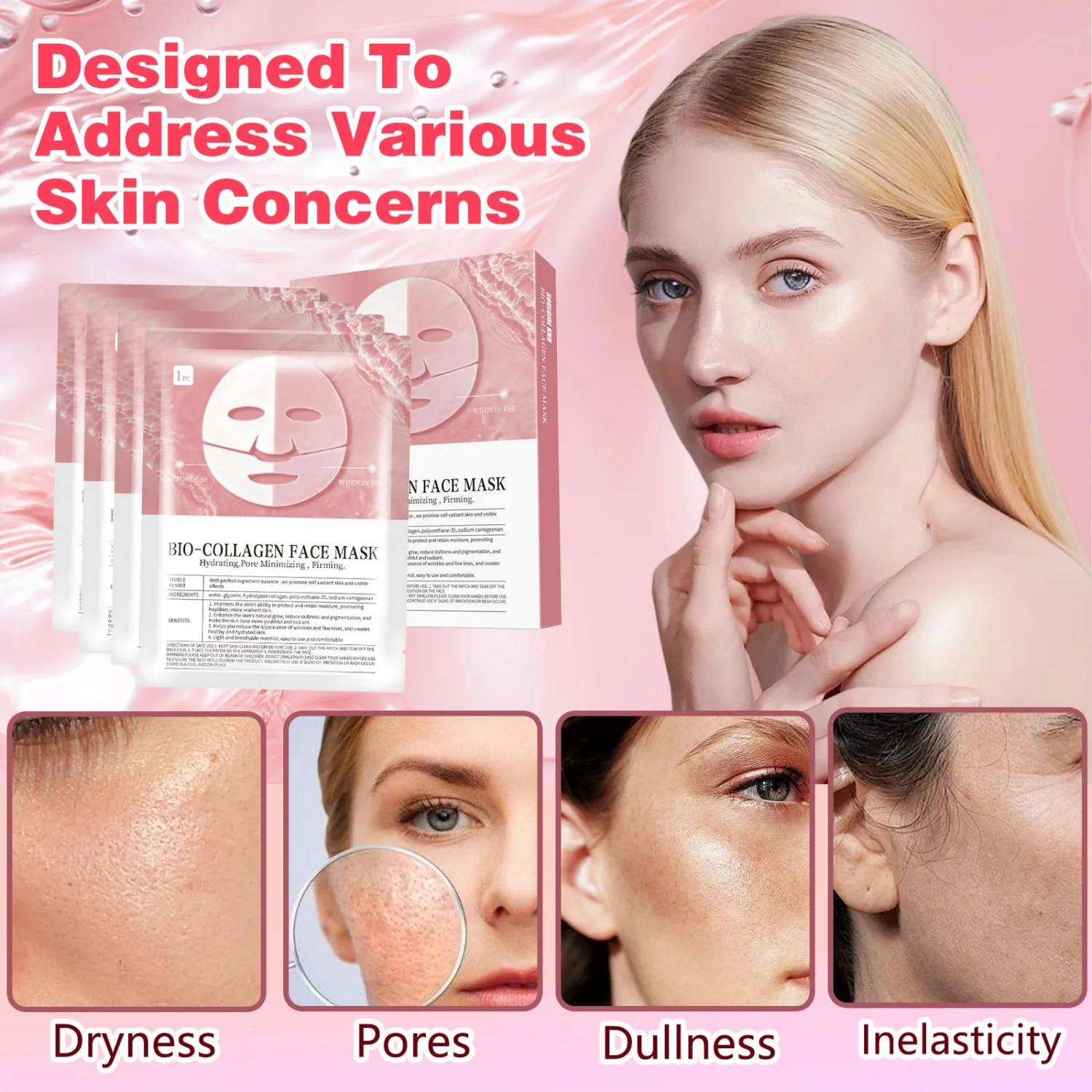 Bio Collagen Face Mask Overnight,Collagen Glow Up Mask,Hydrating Korean SheetMask, Firm Skin Deep Hydrating Pore Minimization, Glow like Glass Skin (4 Pcs)
