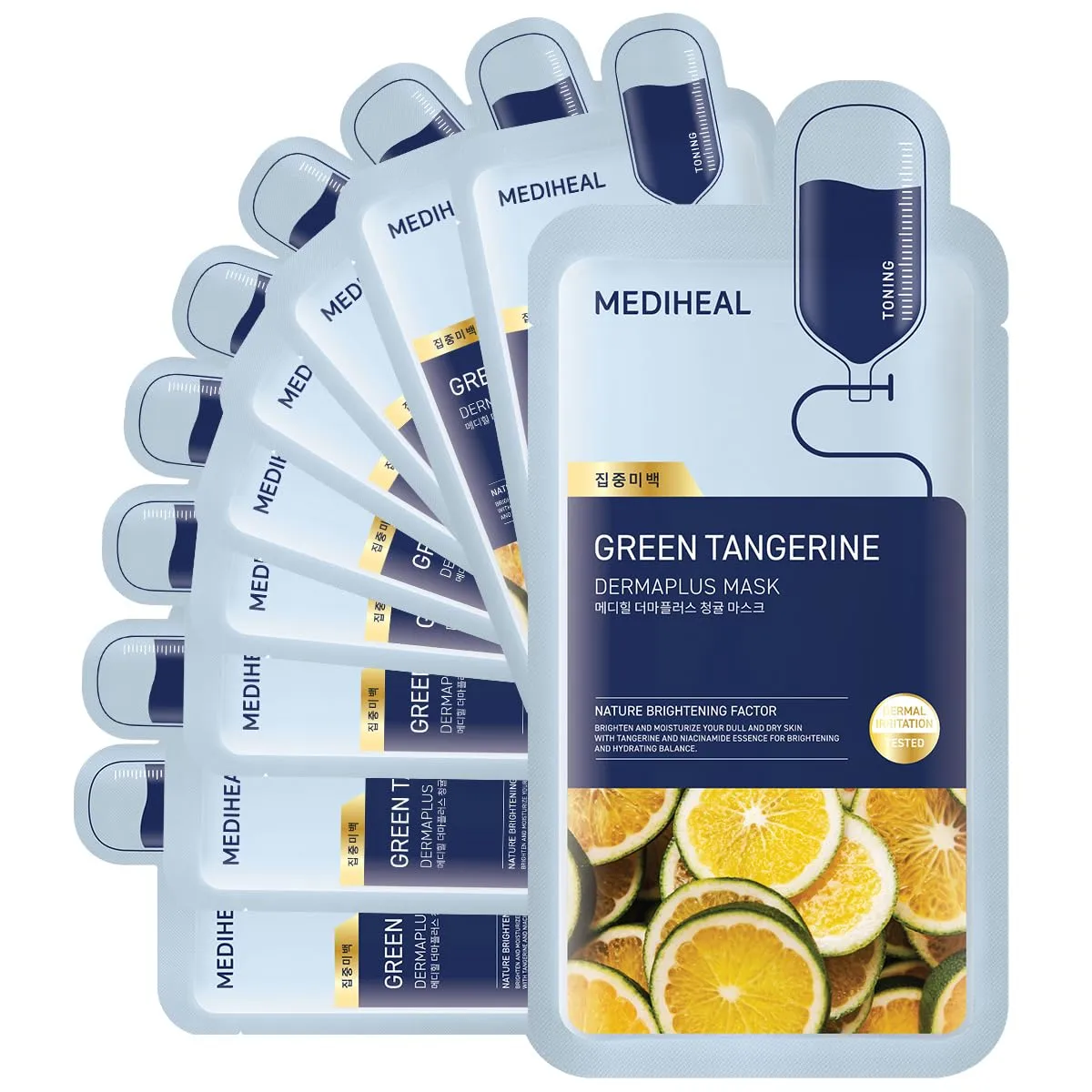 MEDIHEAL Dermaplus Green Tangerine Mask (10 Counts) - Daily Vegan Mask for Toning Skin with Panthenol & Hyaluron, Korean Self Skin Care Sheet Mask