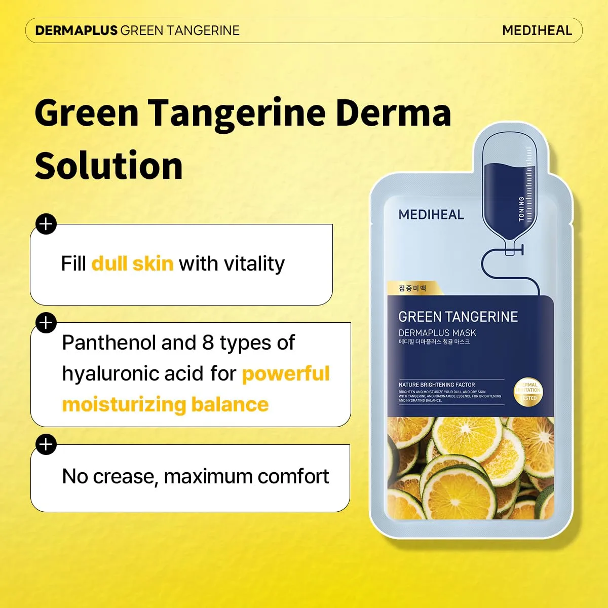 MEDIHEAL Dermaplus Green Tangerine Mask (10 Counts) - Daily Vegan Mask for Toning Skin with Panthenol & Hyaluron, Korean Self Skin Care Sheet Mask