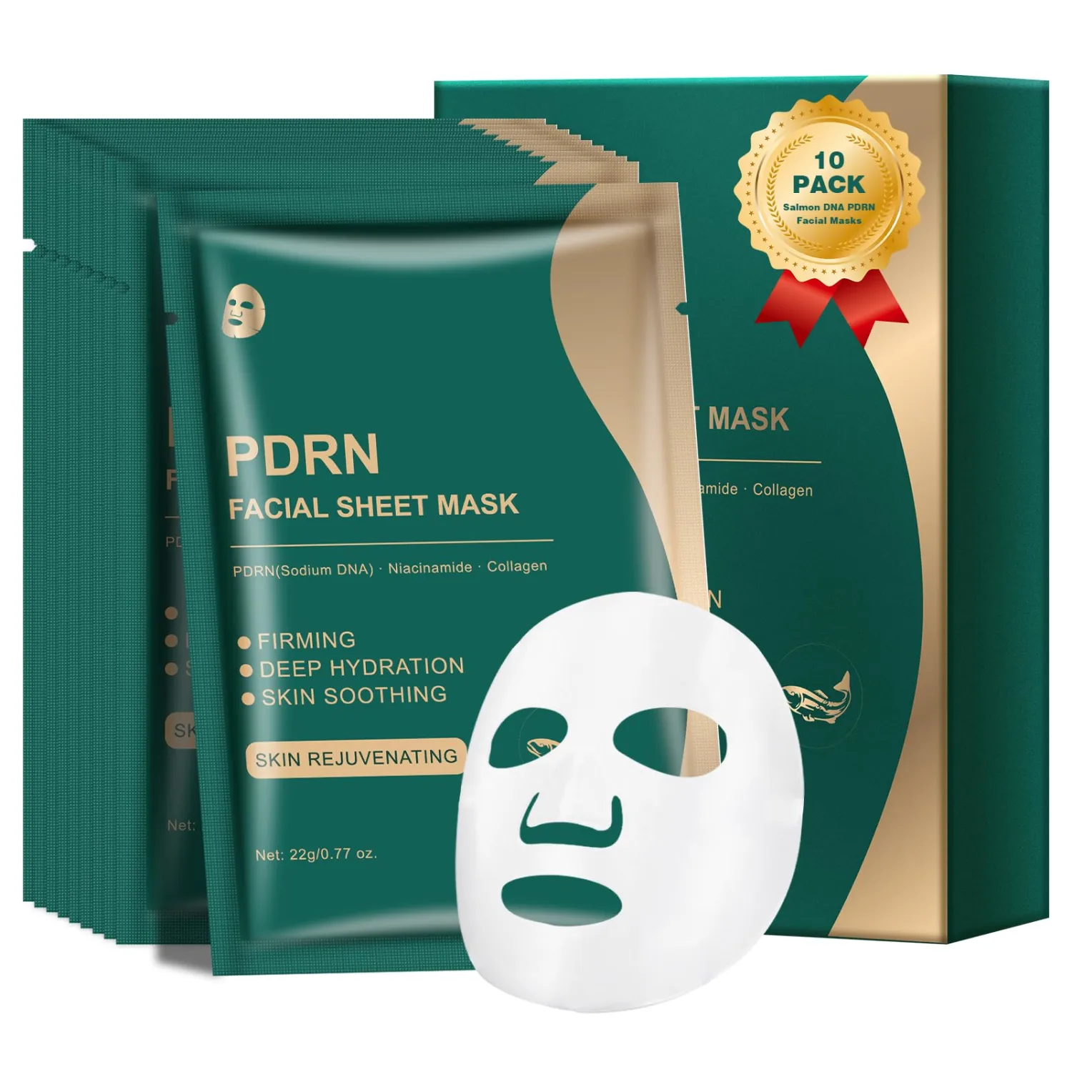 PDRN Face Mask (10 Sheets) with Salmon DNA PDRN Collagen, Overnight Face Mask for Glass Glow Skin Hydrating & Soothing, Skin Repair
