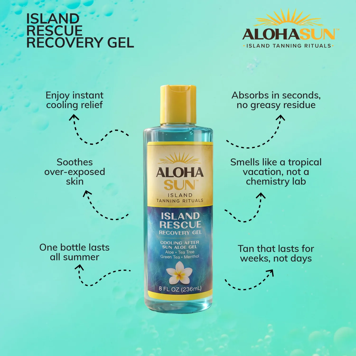 Aloha Sun Aloe Vera Gel - After Sun Care for Sunburn Relief - Turn Burn to Tan with Maui Inspired Cooling Menthol, Tea Tree & Green Tea for an Even Bronze Brown Tan - 8 fl oz
