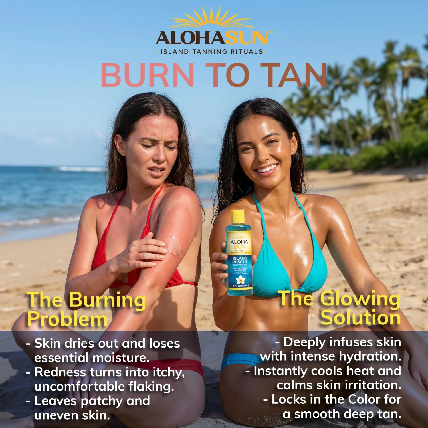 Aloha Sun Aloe Vera Gel - After Sun Care for Sunburn Relief - Turn Burn to Tan with Maui Inspired Cooling Menthol, Tea Tree & Green Tea for an Even Bronze Brown Tan - 8 fl oz