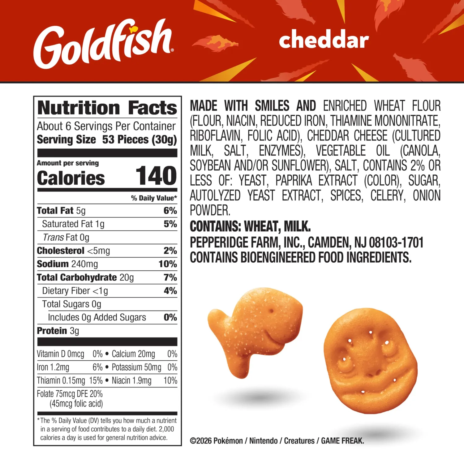Goldfish Pokémon Charmander Edition Cheddar Cheese Baked Snack Crackers, 6.6 Oz Bag