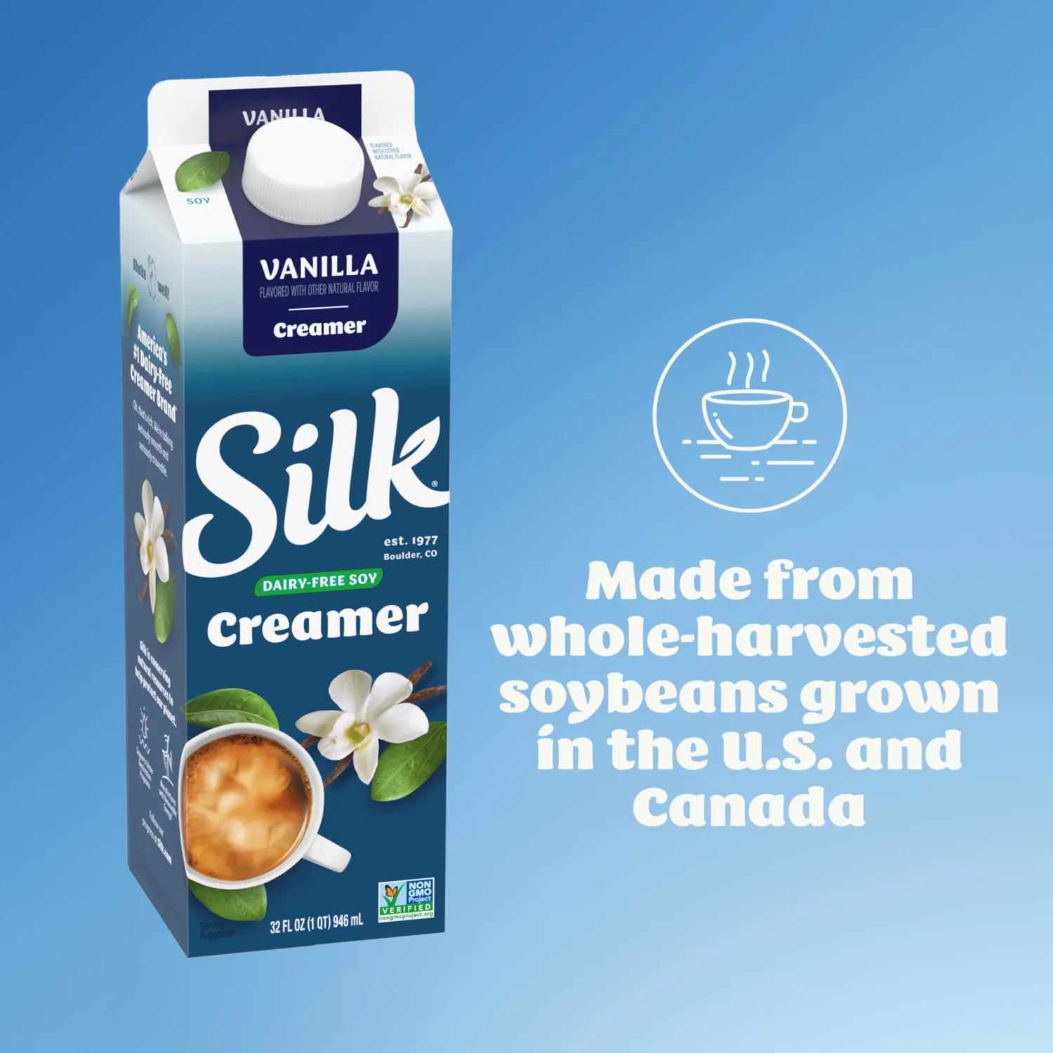 Silk Soy Creamer, Vanilla, Smooth, Lusciously Creamy Dairy Free and Gluten Free Creamer From the No. 1 Brand of Plant Based Creamers, 32 FL OZ Carton