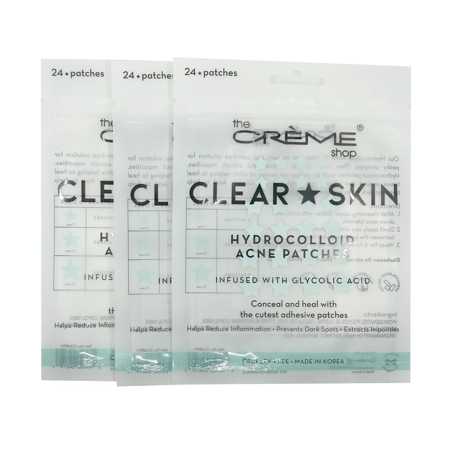 The Crème Shop Star Shape Clear Skin Hydrocolloid Dark Spot Acne Patches - Infused with Salicylic Acid + Witch Hazel | Adhesive patches that fight pesky pimples. (72 Patches / 3 Sizes)