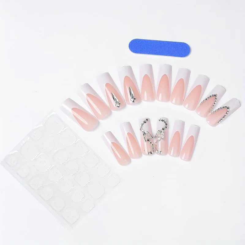Long Square Press on Nails, Acrylic Press on Nails with Designs，Long Press on Nail for Women 24pcs (Pink11)