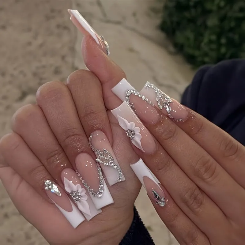 Long Square Press on Nails, Acrylic Press on Nails with Designs，Long Press on Nail for Women 24pcs (Pink11)