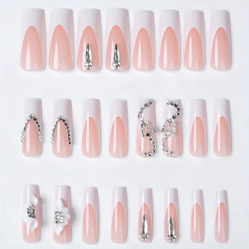 Long Square Press on Nails, Acrylic Press on Nails with Designs，Long Press on Nail for Women 24pcs (Pink11)