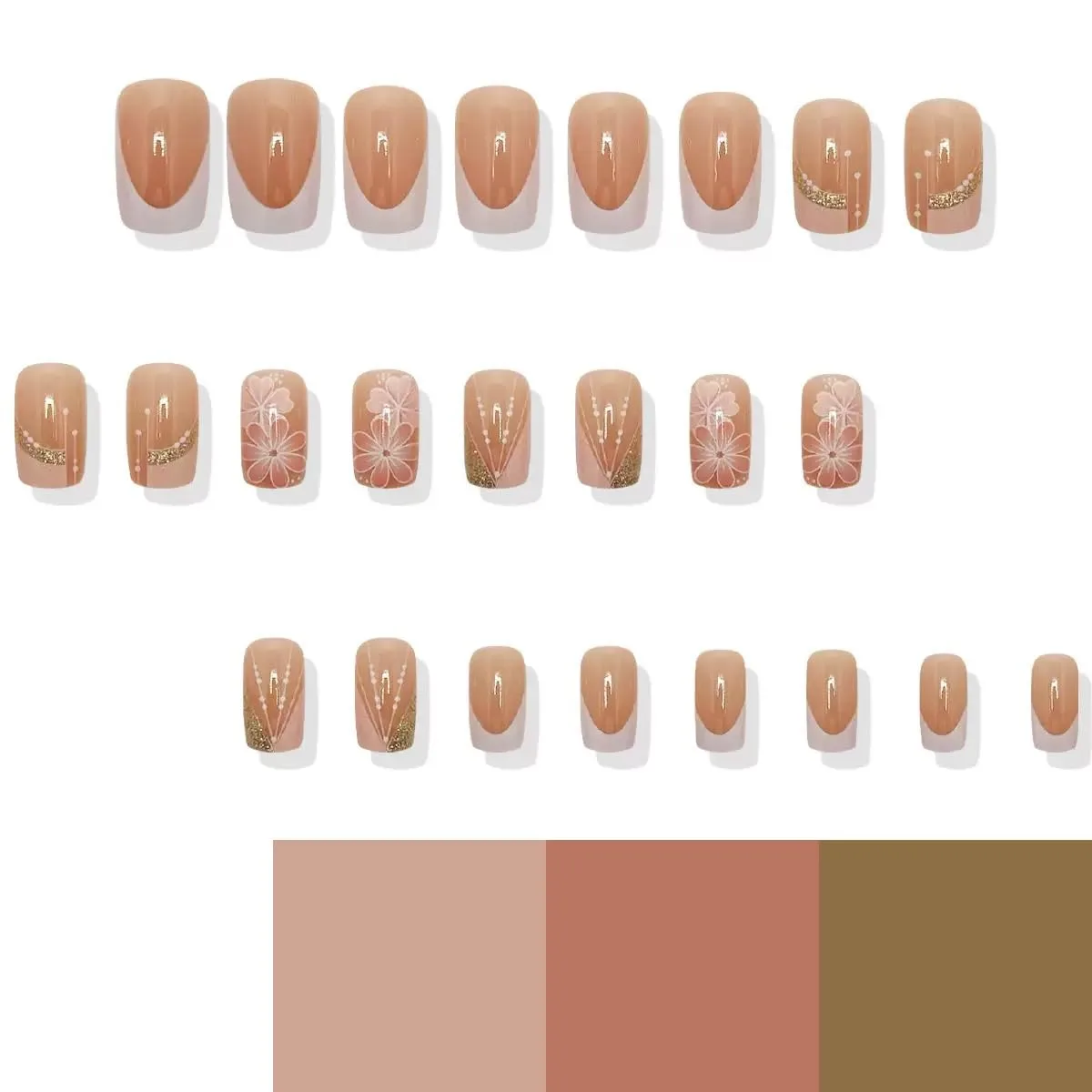 CTTHNBD Press on Nails Square - Medium Fake Nails with Flower Design - French Tip, Pink False Nails Press ons - for Women 24 Pcs