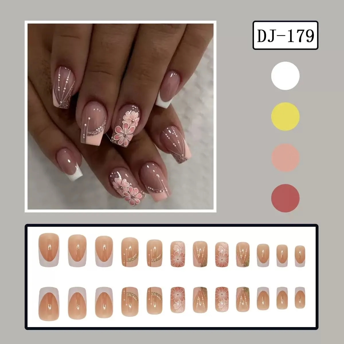 CTTHNBD Press on Nails Square - Medium Fake Nails with Flower Design - French Tip, Pink False Nails Press ons - for Women 24 Pcs