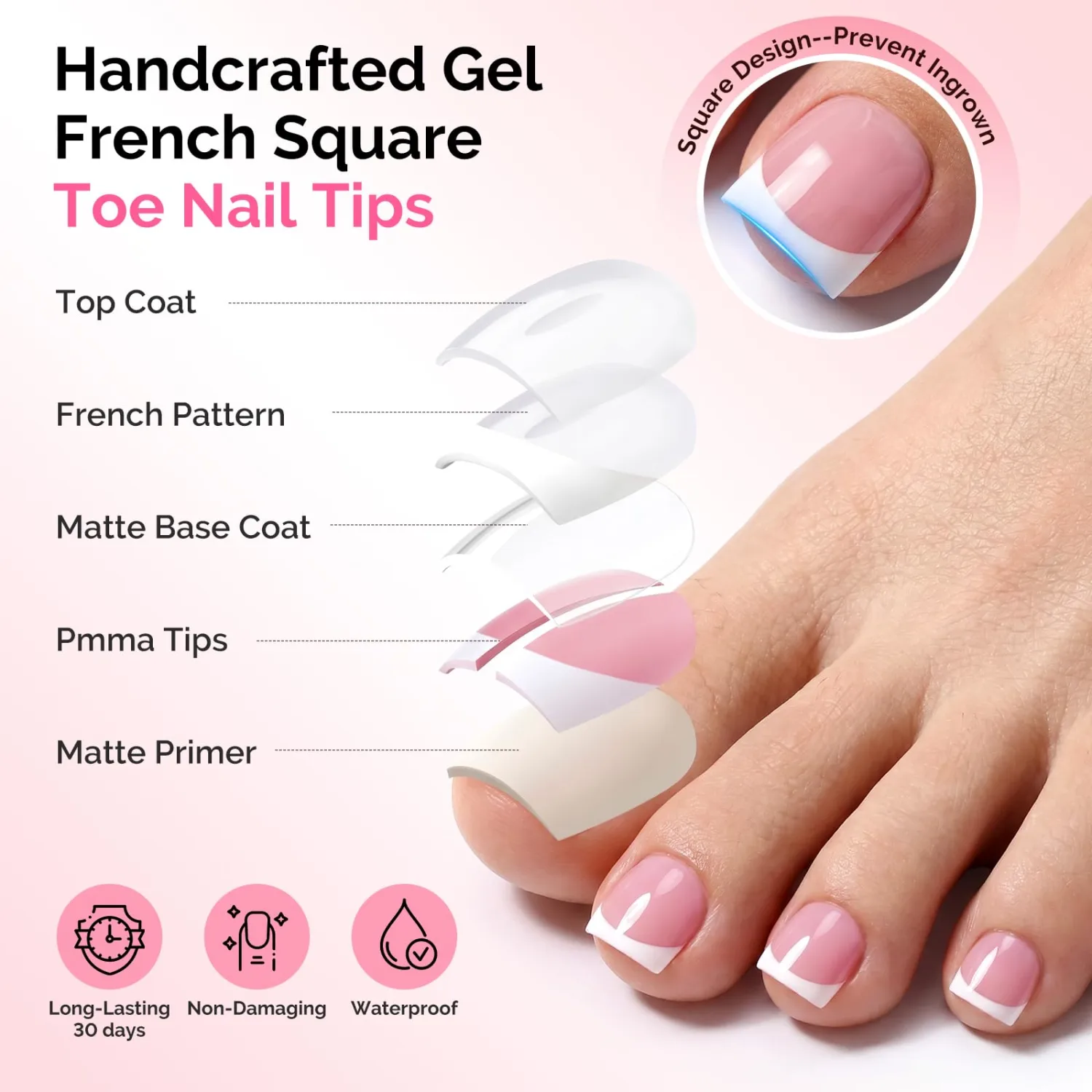 MelodySusie French Tips Press On Toenails,Sharp Square 300Pcs 15 Sizes X Pre-Designed High Gloss Berry Pink Soft Gel Full Cover Acrylic Fake Nails Extension,Long-lasting&Reusable,Women DIY&Salon Use