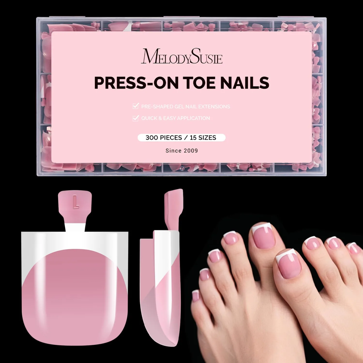 MelodySusie French Tips Press On Toenails,Sharp Square 300Pcs 15 Sizes X Pre-Designed High Gloss Berry Pink Soft Gel Full Cover Acrylic Fake Nails Extension,Long-lasting&Reusable,Women DIY&Salon Use