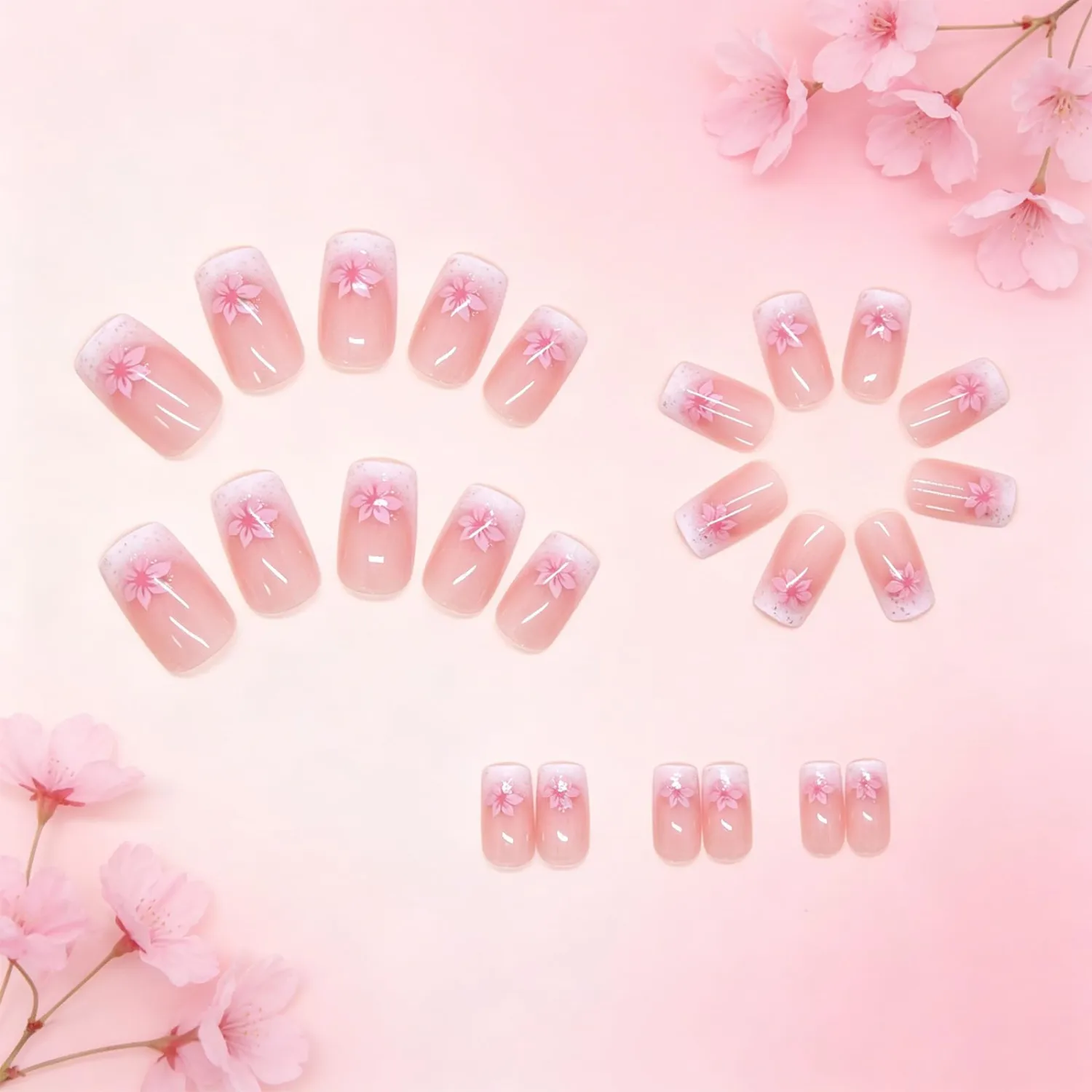 24Pcs Pink Flower Press on Nails Square Fake Nails with Gradient French Glitter Designs Romantic Cherry Blossom False Nails Glossy Reusable Stick on Nail for Women Daily Wedding Manicure
