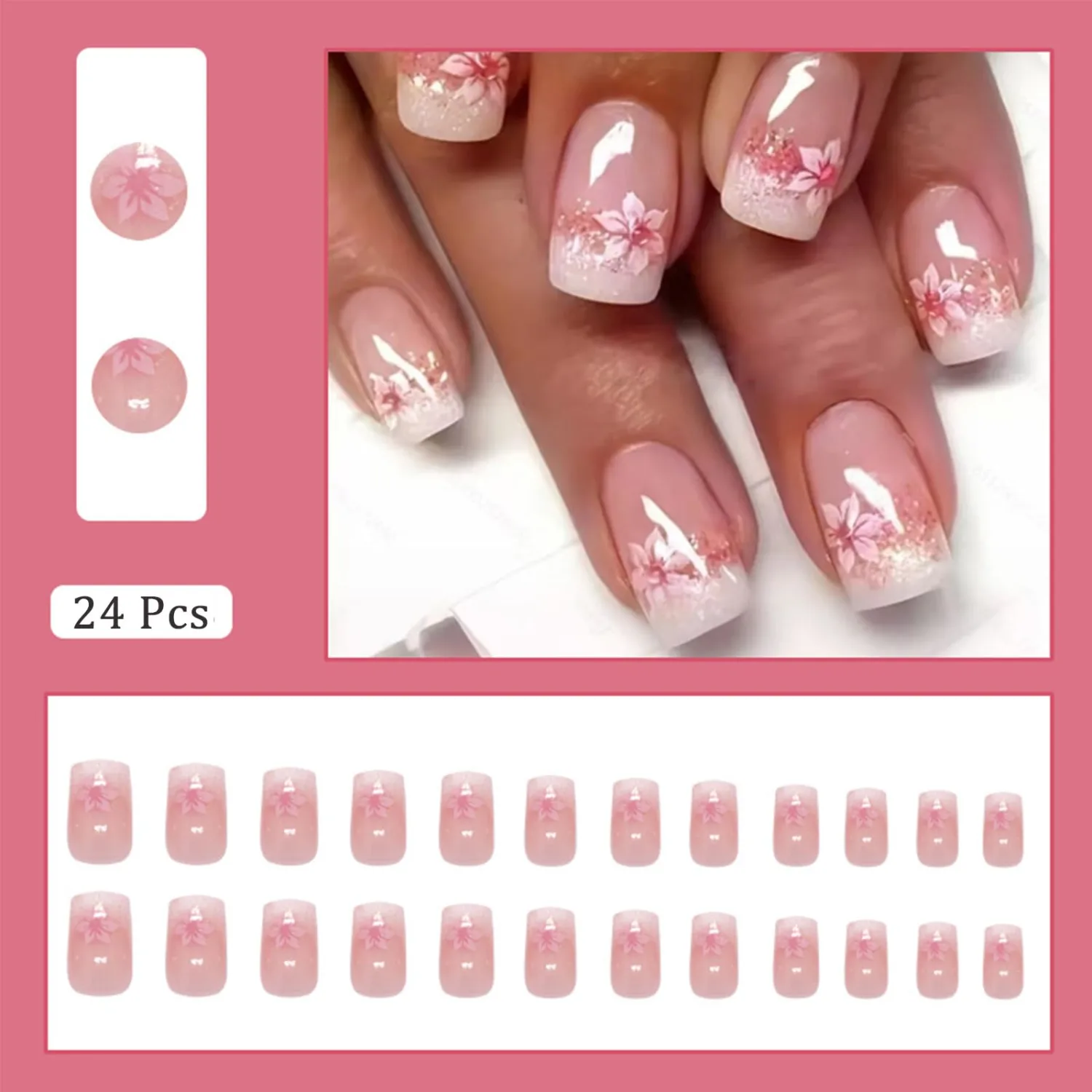 24Pcs Pink Flower Press on Nails Square Fake Nails with Gradient French Glitter Designs Romantic Cherry Blossom False Nails Glossy Reusable Stick on Nail for Women Daily Wedding Manicure