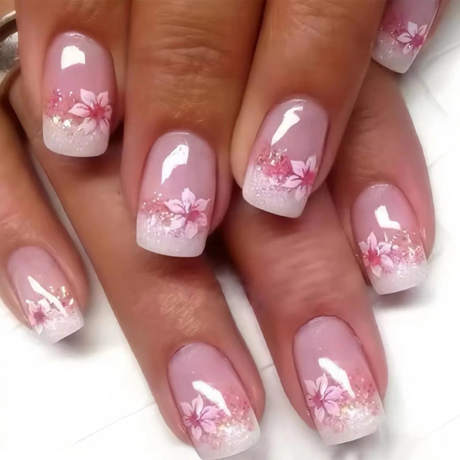 24Pcs Pink Flower Press on Nails Square Fake Nails with Gradient French Glitter Designs Romantic Cherry Blossom False Nails Glossy Reusable Stick on Nail for Women Daily Wedding Manicure