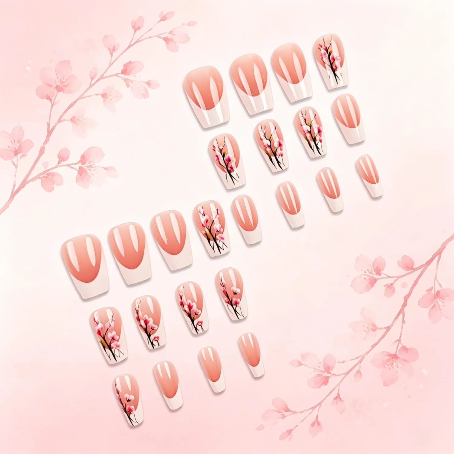 White French Tip Press on Nails Medium Coffin Fake Nails with Plum Blossom Design Pink Floral False Nails Glossy Reusable Full Cover Stick on Nail for Women Daily Party Manicure 24Pcs