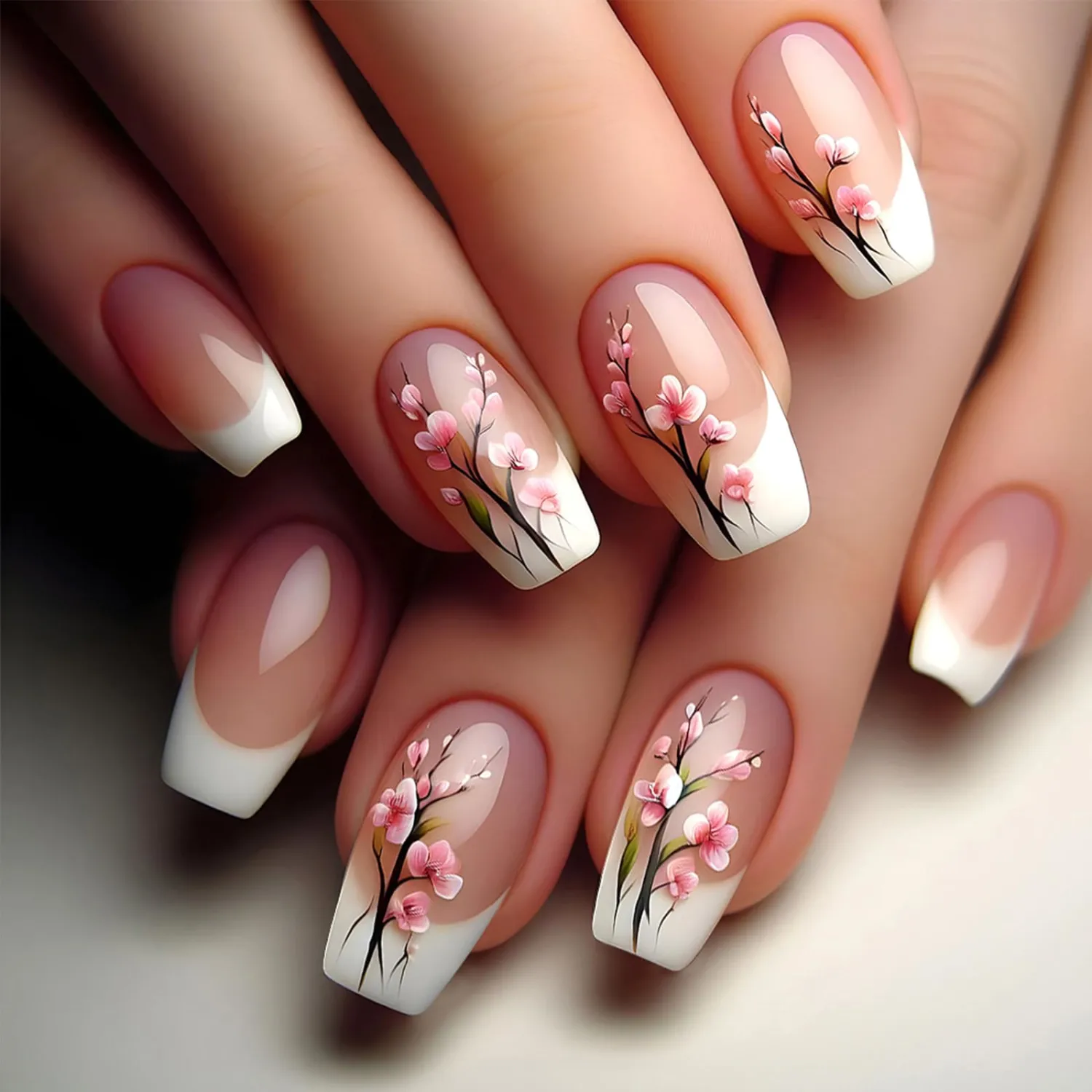 White French Tip Press on Nails Medium Coffin Fake Nails with Plum Blossom Design Pink Floral False Nails Glossy Reusable Full Cover Stick on Nail for Women Daily Party Manicure 24Pcs
