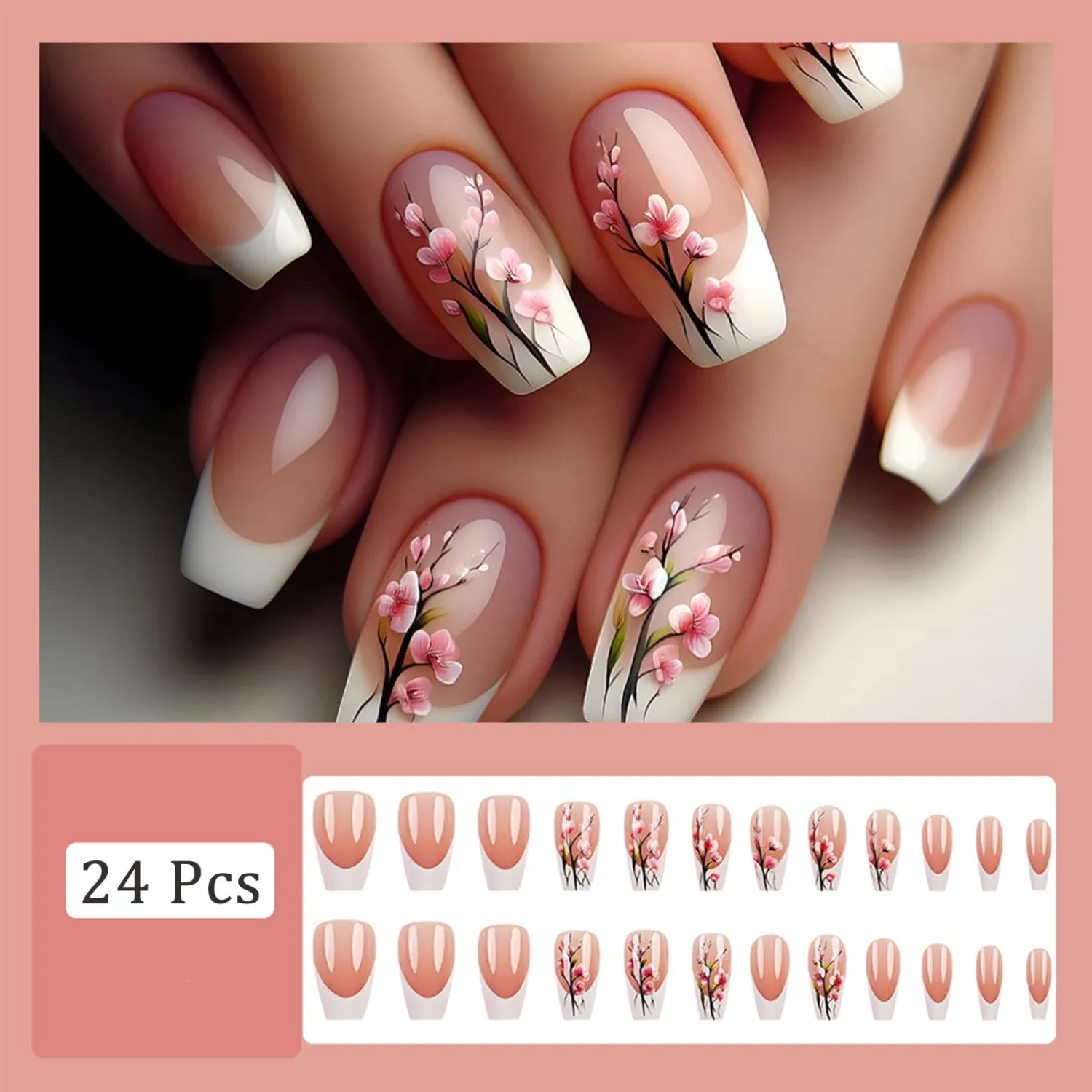 White French Tip Press on Nails Medium Coffin Fake Nails with Plum Blossom Design Pink Floral False Nails Glossy Reusable Full Cover Stick on Nail for Women Daily Party Manicure 24Pcs