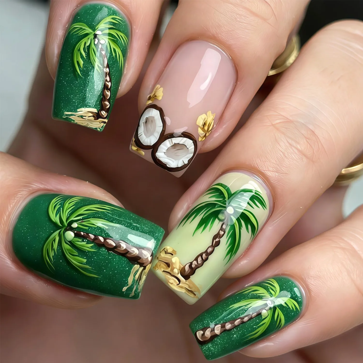 Tropical Coconut Tree Press on Nails Medium Square Green Fake Nails with Coconut Shell Pattern Glossy False Nails Reusable Full Cover Stick on Nail for Women Summer Beach Manicure 24Pcs