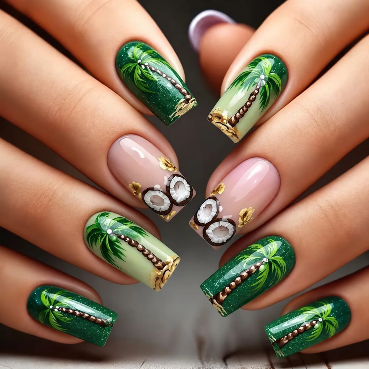 Tropical Coconut Tree Press on Nails Medium Square Green Fake Nails with Coconut Shell Pattern Glossy False Nails Reusable Full Cover Stick on Nail for Women Summer Beach Manicure 24Pcs