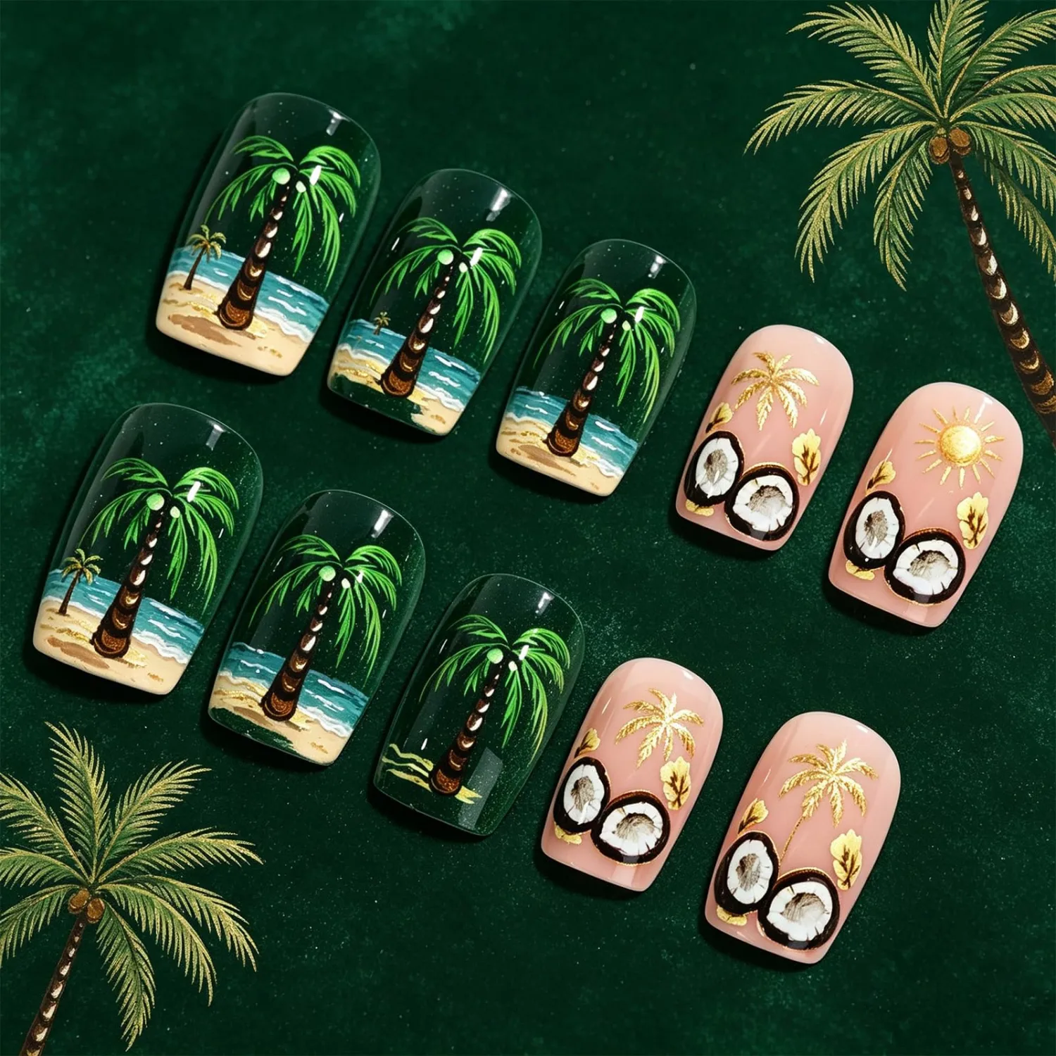 Tropical Coconut Tree Press on Nails Medium Square Green Fake Nails with Coconut Shell Pattern Glossy False Nails Reusable Full Cover Stick on Nail for Women Summer Beach Manicure 24Pcs
