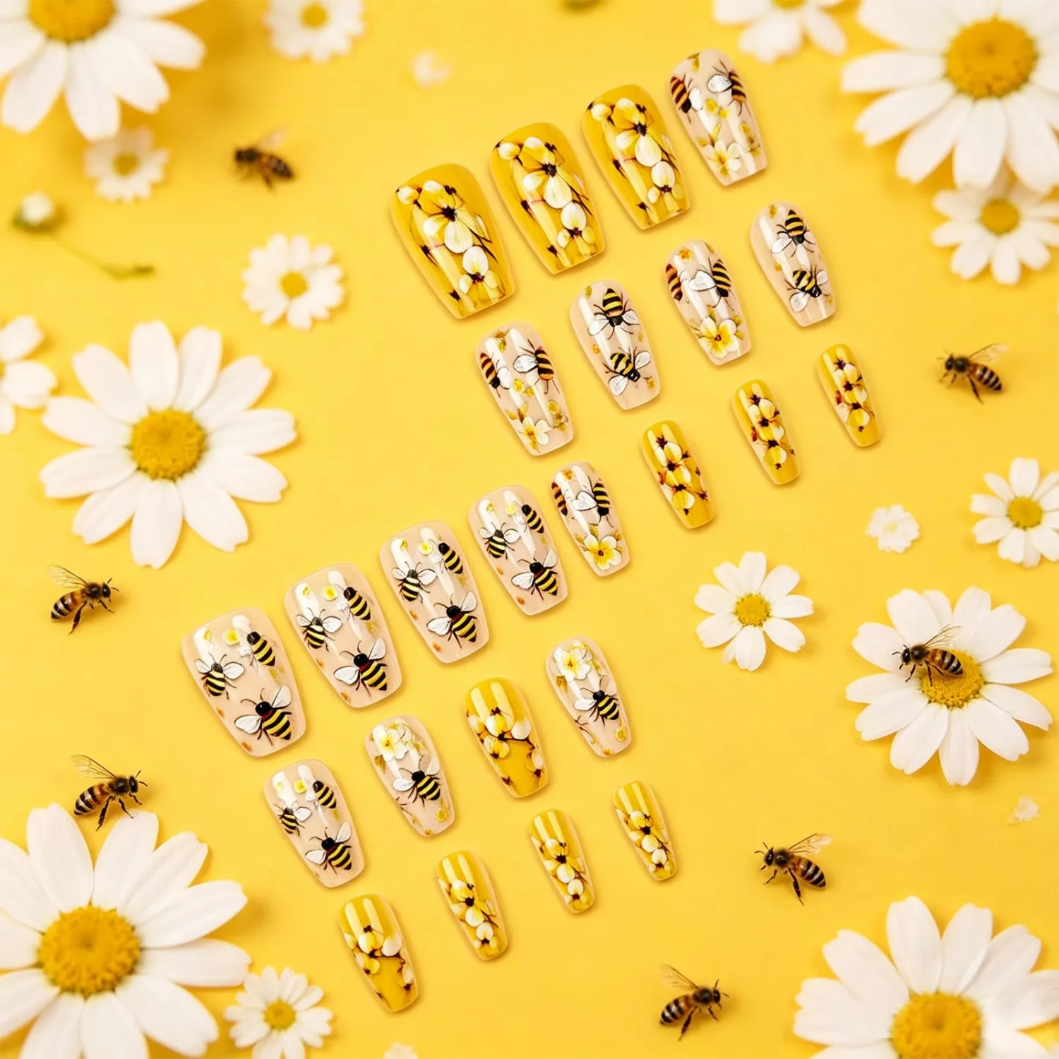 Yellow Bee Floral Press on Nails Medium Coffin Fake Nails with Cute Bee Flower Designs Spring Summer False Nails Glossy Reusable Full Cover Stick on Nail for Women Daily Party Manicure 24Pcs