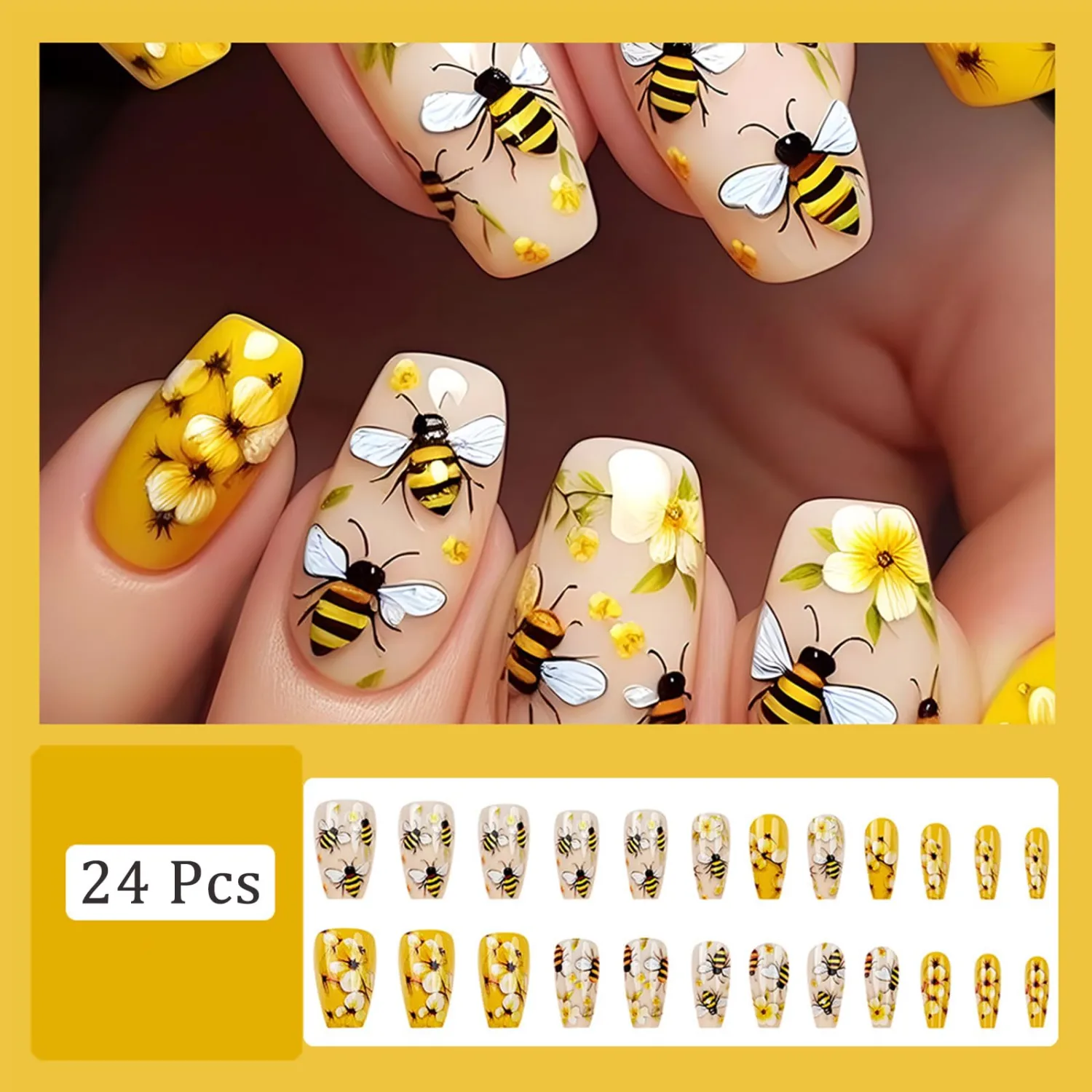 Yellow Bee Floral Press on Nails Medium Coffin Fake Nails with Cute Bee Flower Designs Spring Summer False Nails Glossy Reusable Full Cover Stick on Nail for Women Daily Party Manicure 24Pcs
